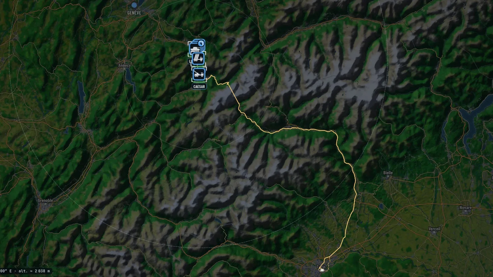 Une colonne à travers les Alpes, par la route réelle.