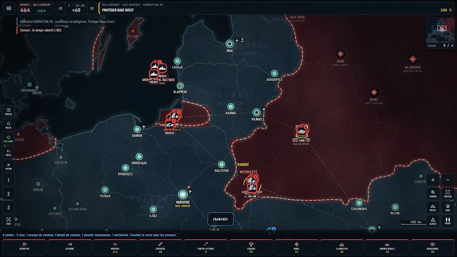 Le belligérant : ses actions en bas de l'écran, ses unités sélectionnées sur la carte.