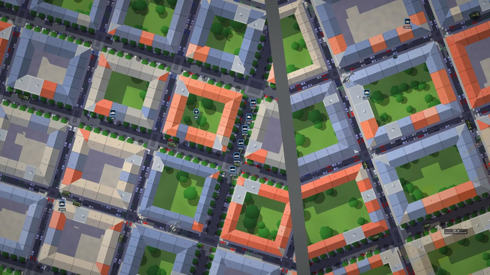 La rue, au zoom maximal : îlots, toits, une colonne sur la chaussée.